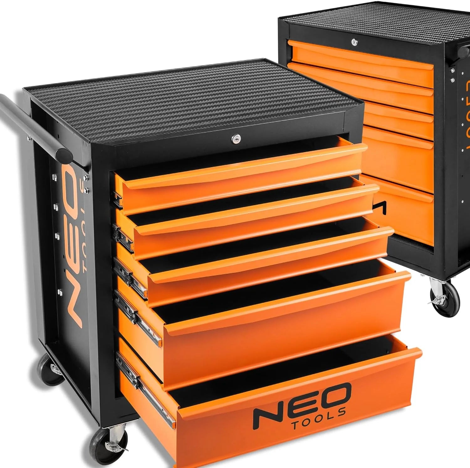 NEO TOOLS Werkplaatswagen 5 vakken - laden met kogellagers - centraal afsluitbaar - antislipmat - zwenkwielen - met parkeerrem - mobiele gereedschapswagen - gereedschapskast