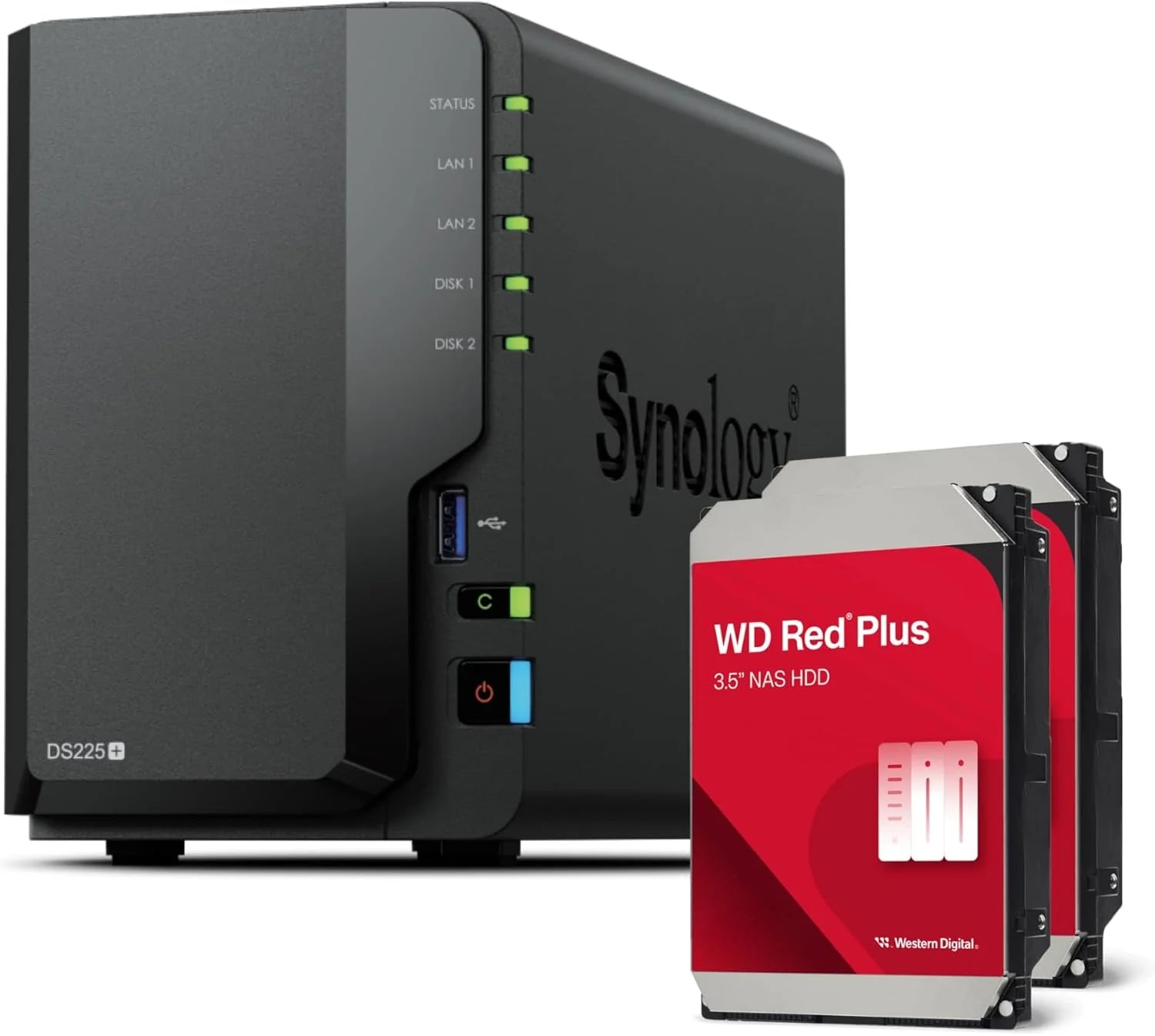 Synology DS225+ bundel 8TB Western Digital (WD Red Plus 2x4TB) 2-Bay Plus-serie - Intel Celeron J4125 Quad-Core, 2GB Non-ECC DDR4 SODIMM 1 x 2,5 GbE en 1 x 1GbE RJ-45 LAN-poort