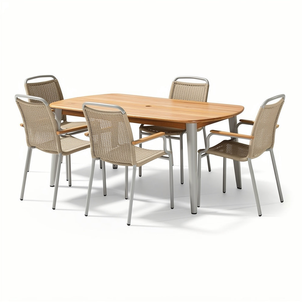 Eettafel set met houten blad en aluminium stoelen - 6-persoons tuinmeubilair