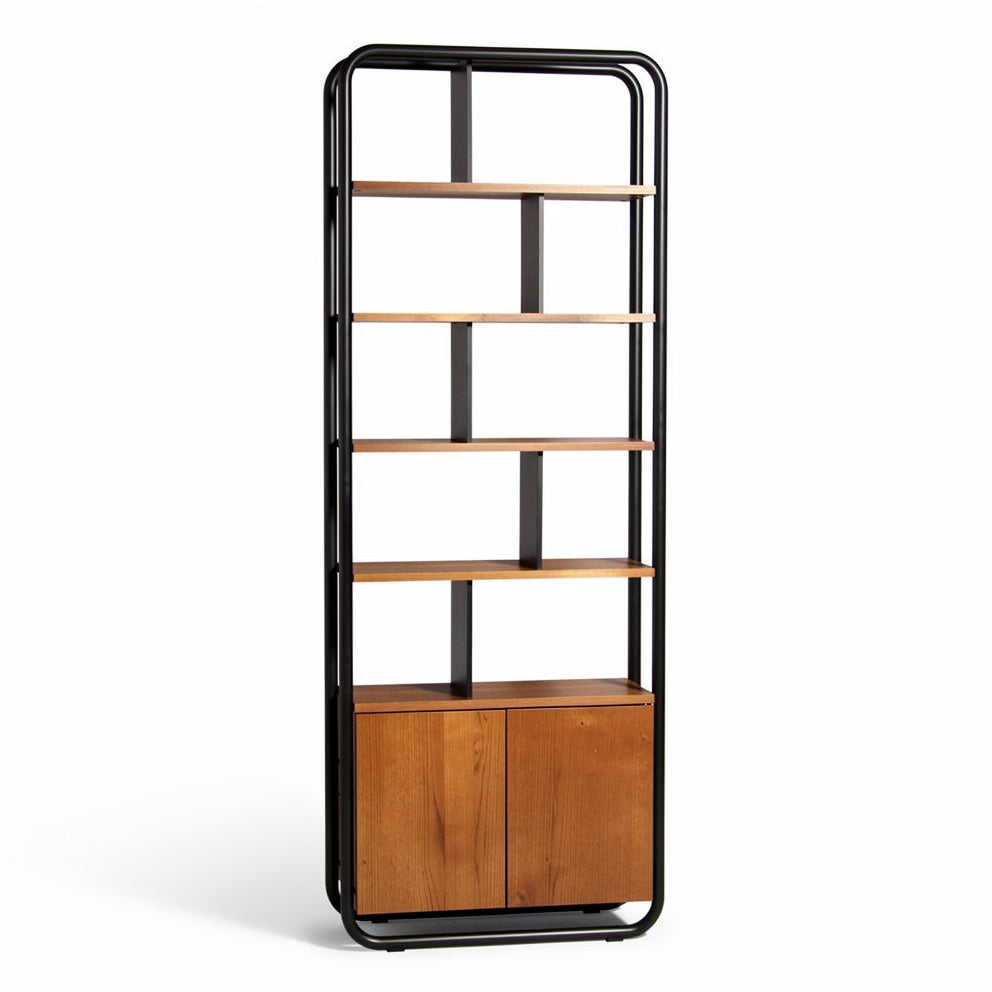 Moderne houten boekenplank met metalen frame en gesloten opbergkast