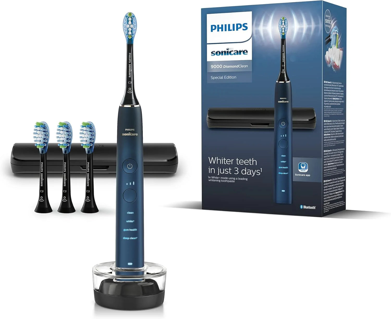 Philips Sonicare DiamondClean 9000-serie elektrische tandenborstel, speciale editie, sonische borstel, donkerblauw, 4x C3 Premium Plaque Control-borstelkop (model HX9911/89), met 2-polige badkamerstekker, 1 stuks (verpakking van 1)