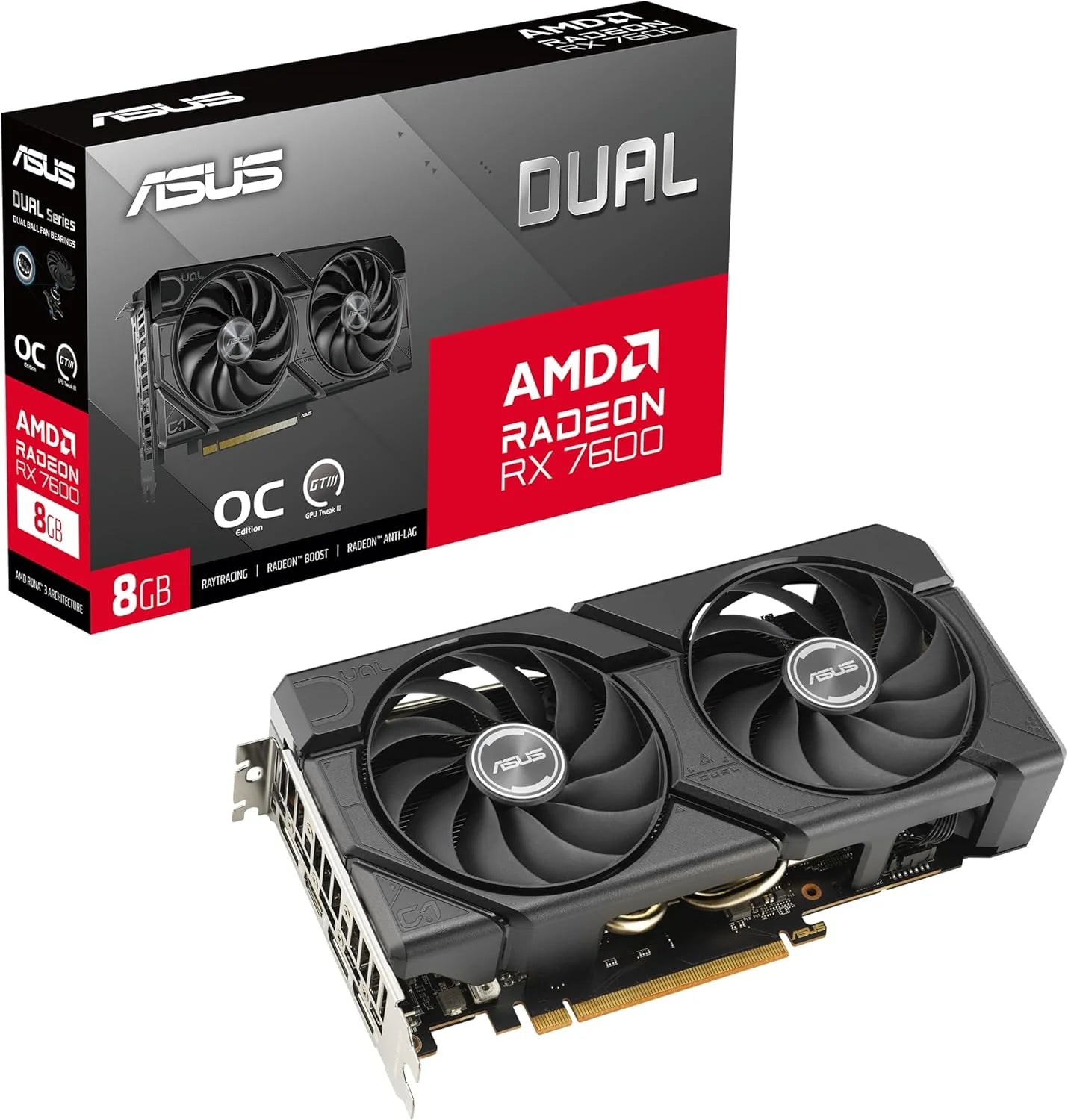 ASUS Dual Radeon RX 7600 EVO OC Edition 8GB GDDR6 Gaming grafische kaart, AMD Radeon RX7600, PCIe 4.0, 1x HDMI 2.1, 3X DisplayPort 1.4a, DUAL-RX7600-O8G-EVO)