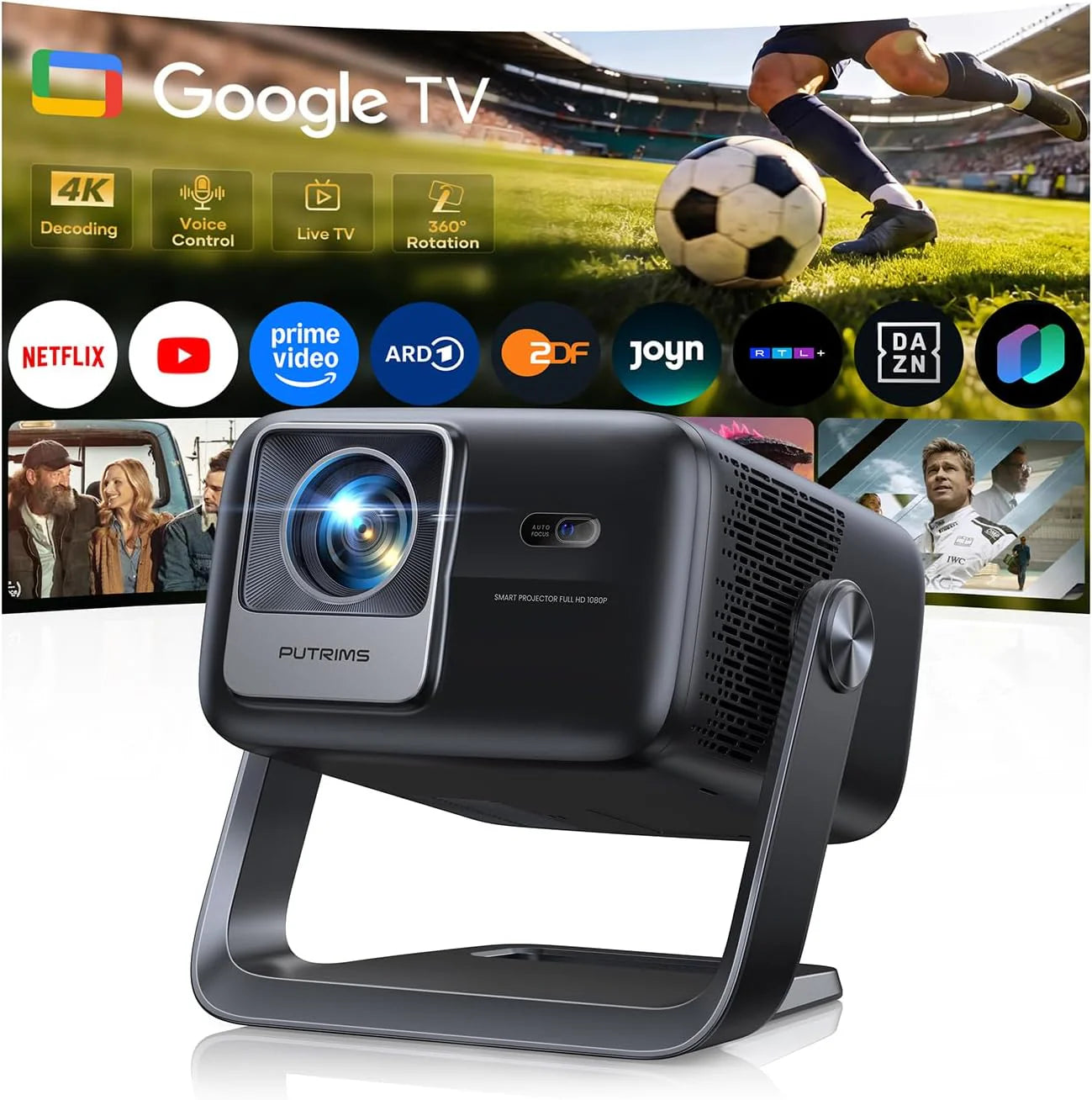 Smart Beamer【Google TV  30W luidspreker】Beamer 4K thuisbioscoop ondersteunt autofocus/6D trapeziumcorrectie, HDR10, WiFi Bluetooth FULL HD 1080P LED projector 360° draaibare standaard outdoor(zwart)