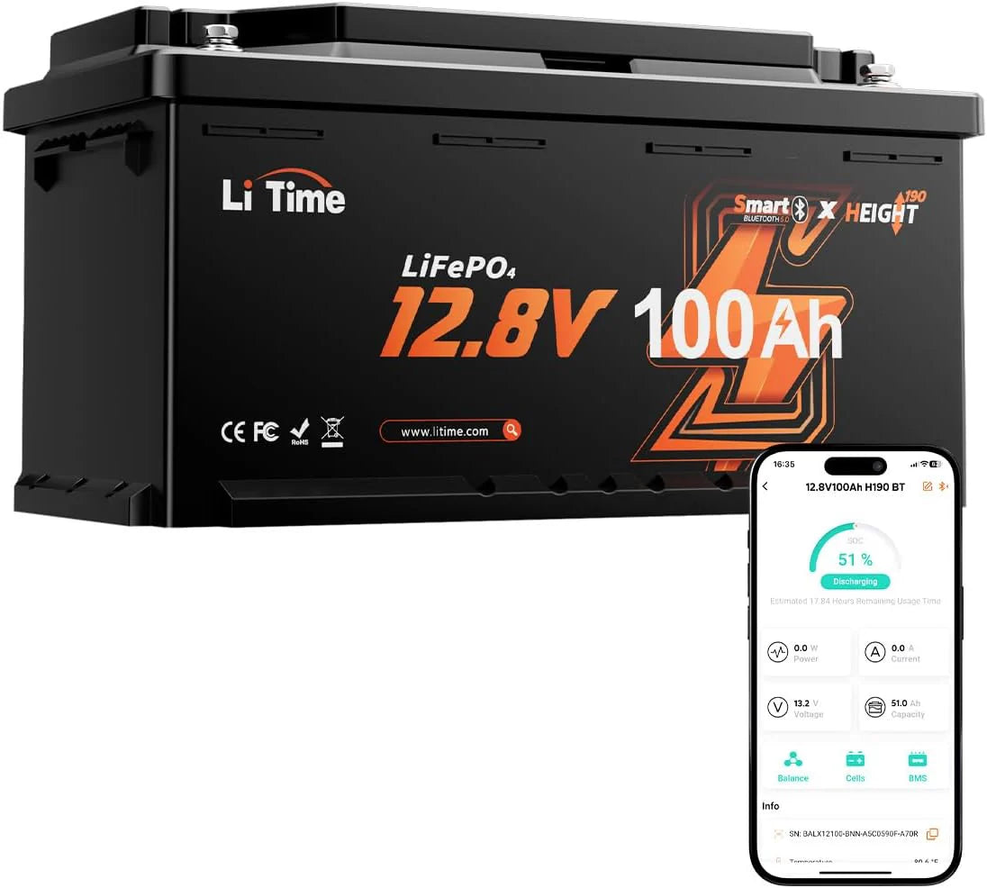 LiTime LifePo4 Accu 12V 300Ah,LiFePO4 Batterij met 200A BMS, 15000+ cycli, 10 jaar levensduur, Deep Cycle LiFePO4 lithiumbatterij geschikt voor zonne-energiesystemen en energieopslag thuis(12V 100Ah H190 BT)