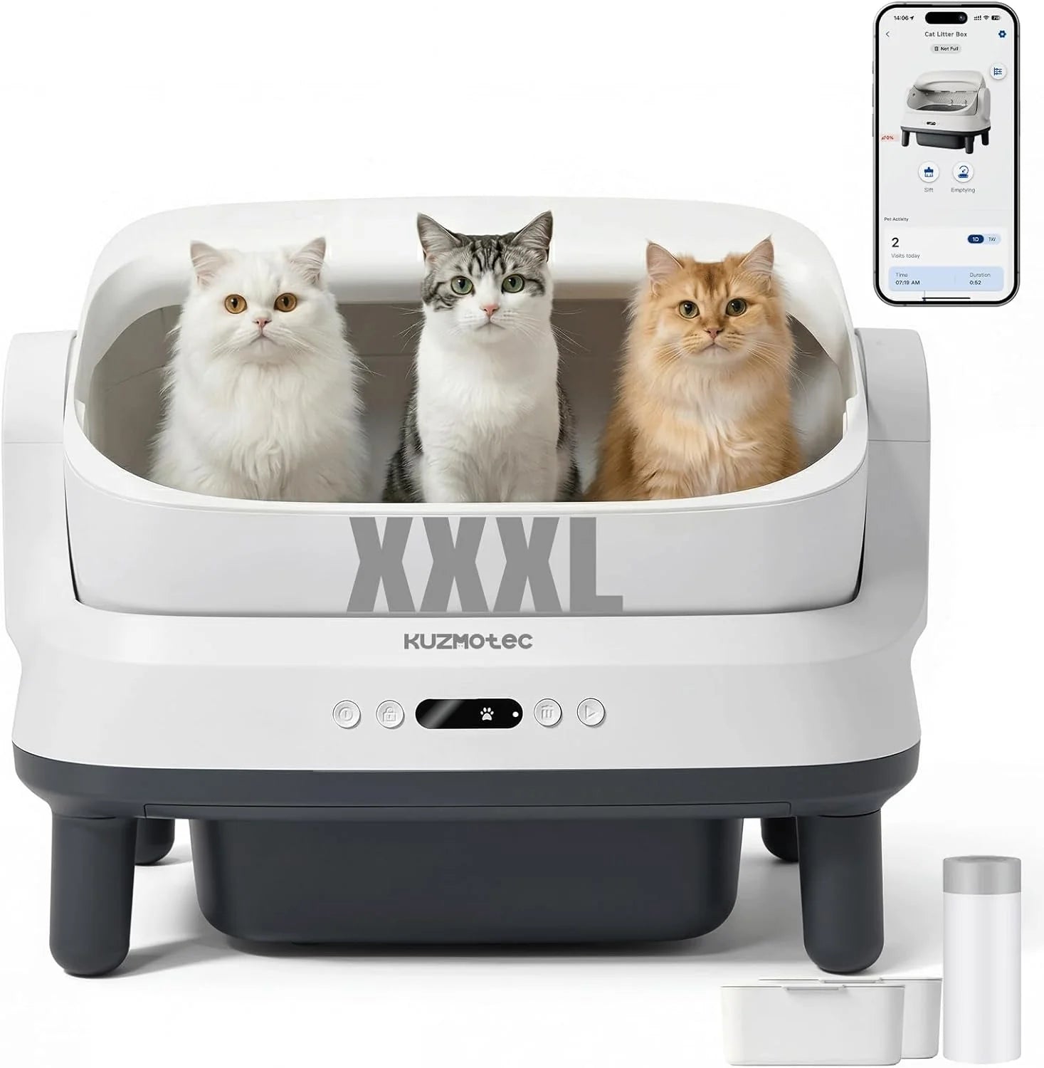 Zelfreinigende kattenbak, 120 liter, XXXL, automatische kattenbak met app-besturing en geurverwijdering, elektrische kattenbak met 8-voudige bescherming, ideaal voor grote katten en