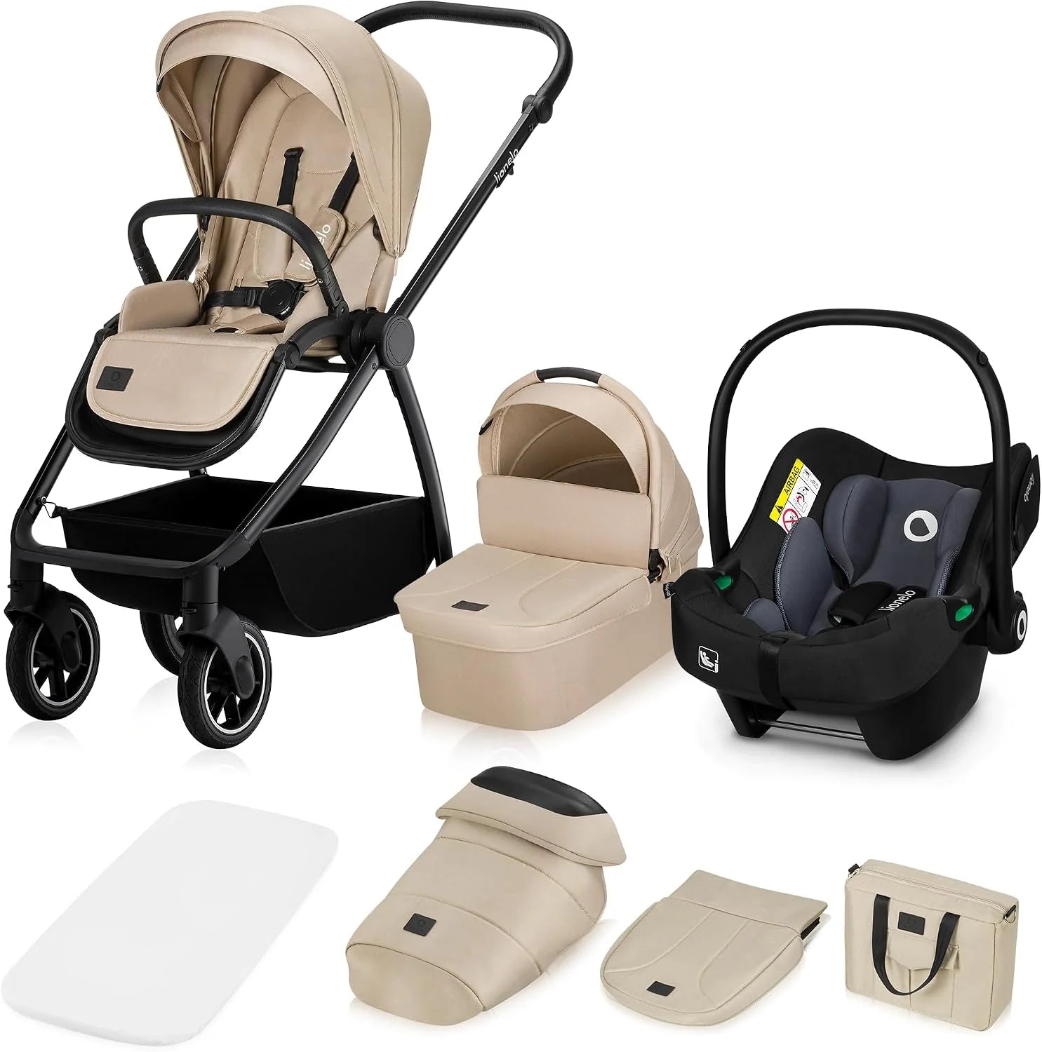 LIONELO Meril 3in1 Kinderwagen - Buggy, 0-48 mnd (tot 22kg) – ADAC Autostoel, XXL jaarronde Reiswieg met Draagfunctie, 360° All‑terrain Wielen vering, Universele Adapters, Reflectoren (Zwart)(Beige)