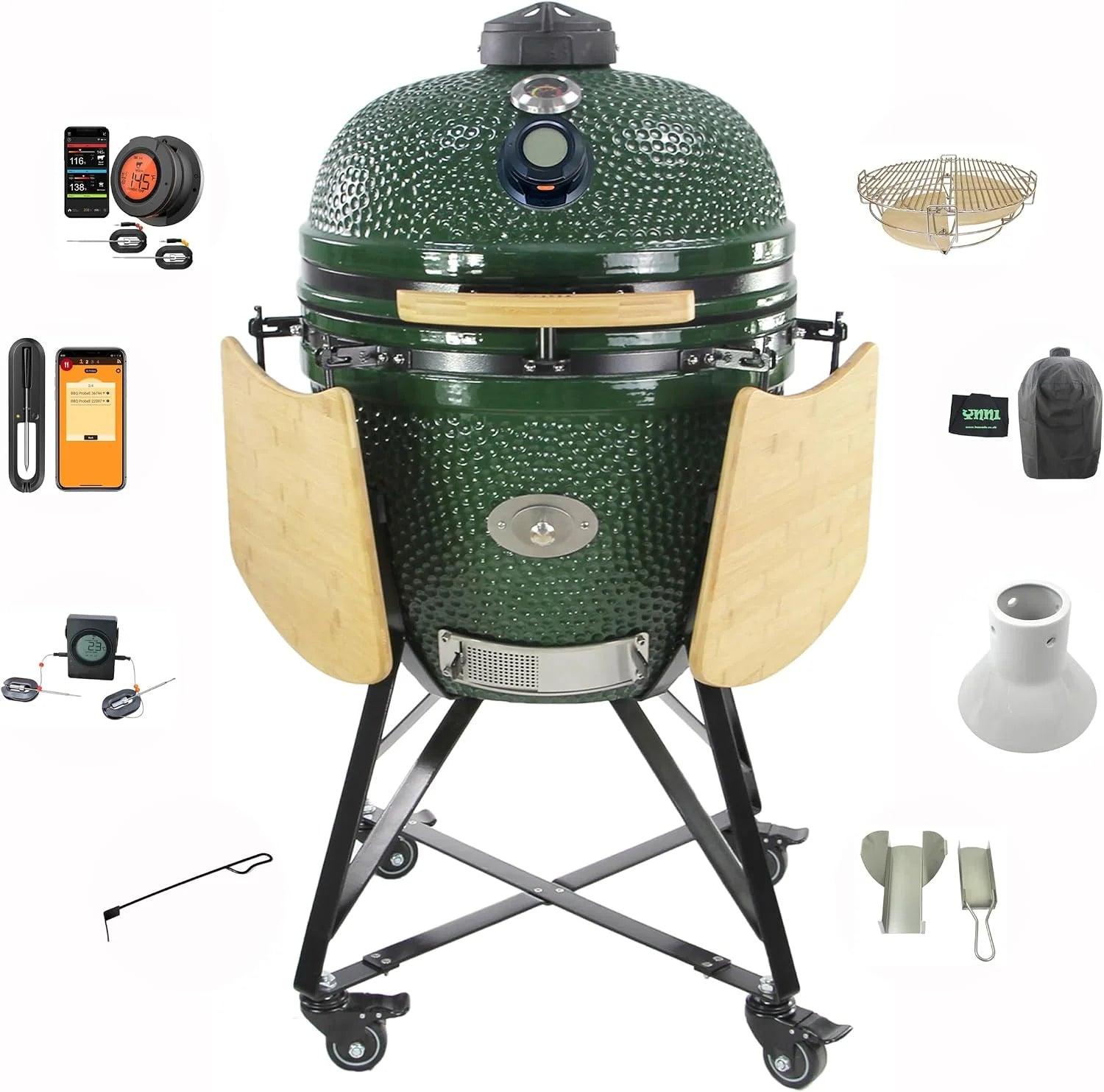 YNNI KAMADO TQTT23GR XL 23" Grill, Groen, Chipfeeder, Bundel, BBQ, Keramiek, Ei, Roker, TQTT23GR