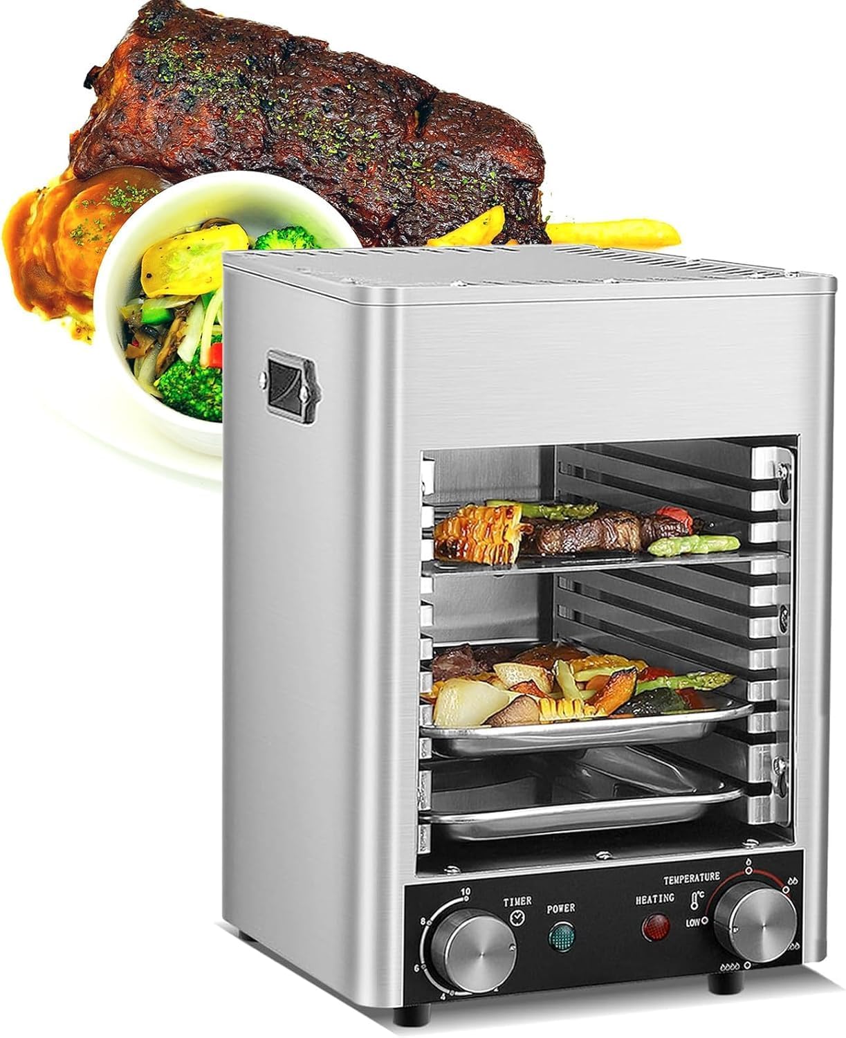 Rookvrije elektrische steakgrill, draagbare binnenoven, instelbare temperatuur van 800℃, timer van 10 minuten, ideaal voor thuis koken en barbecueën, professionele tafelgrill